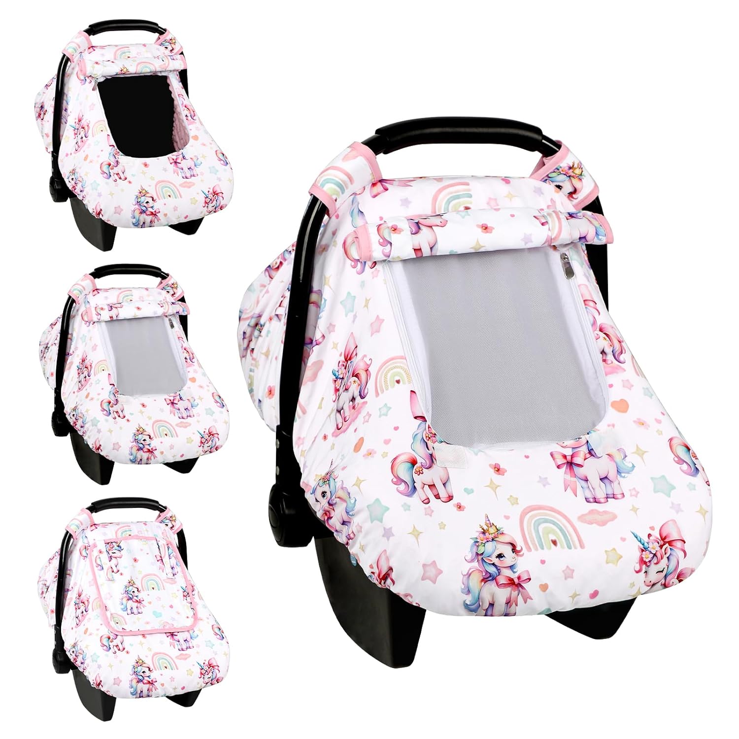 Car Seat Cover Baby, HNHUAMING Infant Car Seat Covers Canopy for Baby Girl Boy, Cozy & Windproof Unicorn Newborn Carseat Covers Minky Dot Backing Stroller Cover with Breathable Mesh Window, Rainbow