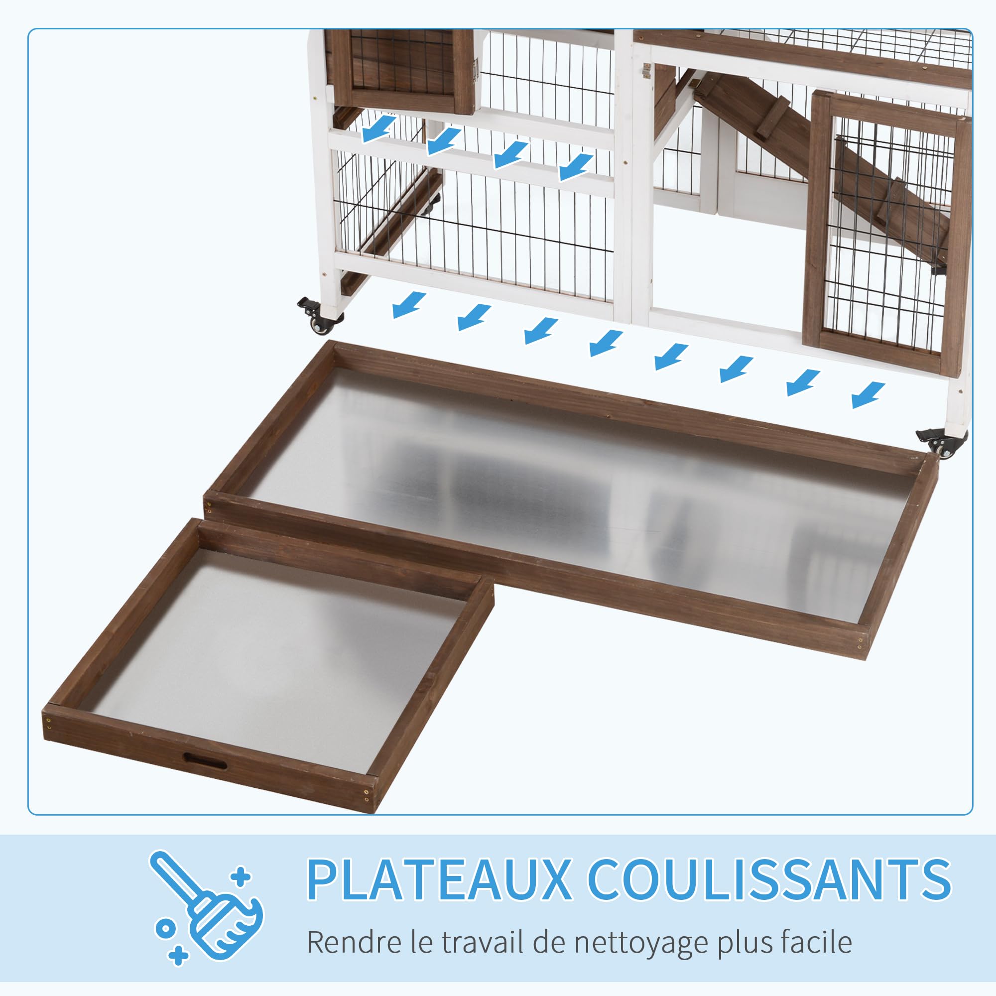 PawHut Clapier à Lapin sur roulettes Cage à Lapin intérieur extérieur 2 étages 2 Portes verrouillables 2 Plateaux coulissants Rampe Bois de Sapin Marron Blanc