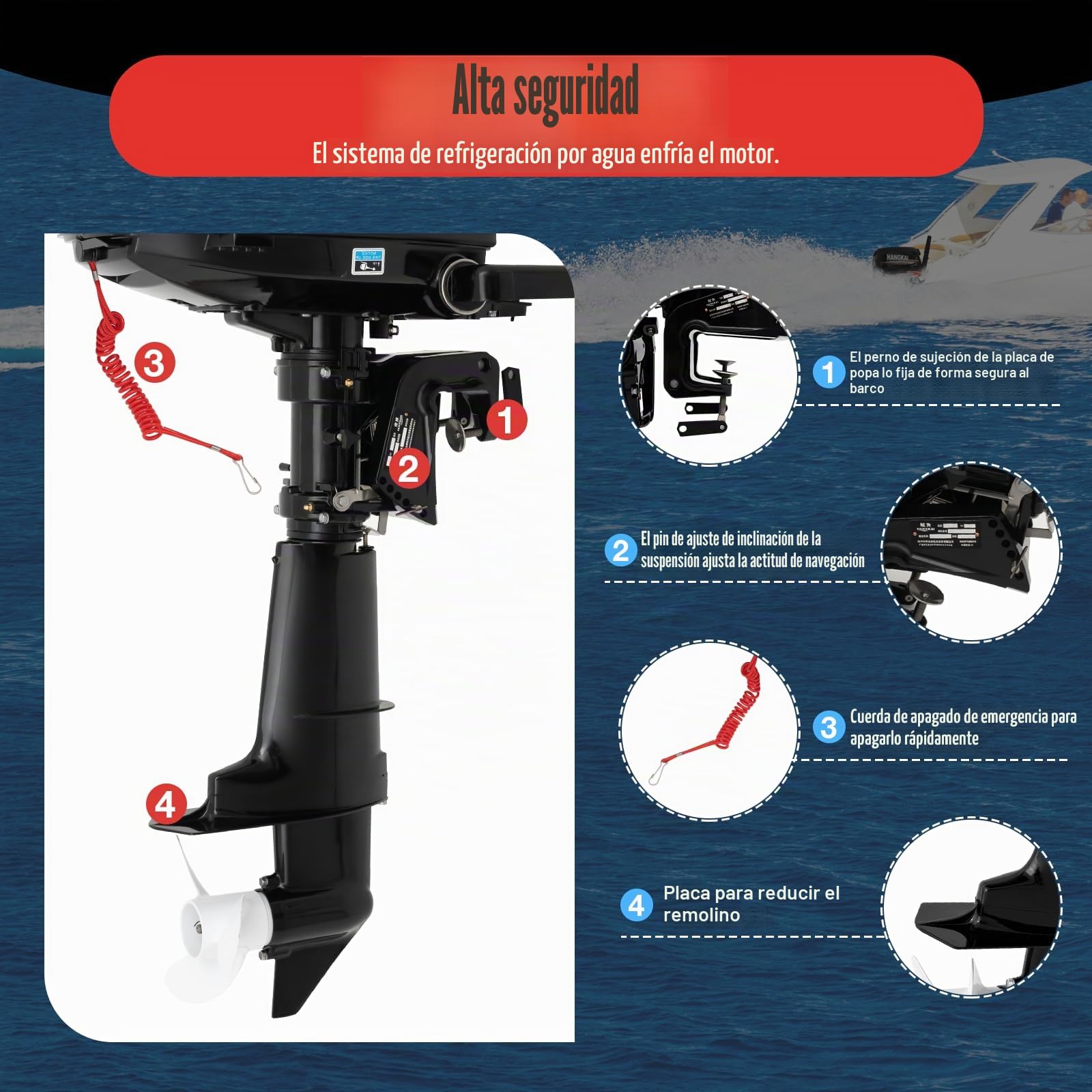 Motor fueraborda de 4 tiempos, 123 CC, 6,5 CV, 6000 rpm, 12 L, enfriado por agua, encendido CDI, arranque manual, motor fueraborda, motor de gasolina, motor de barco para botes inflables, barcos de