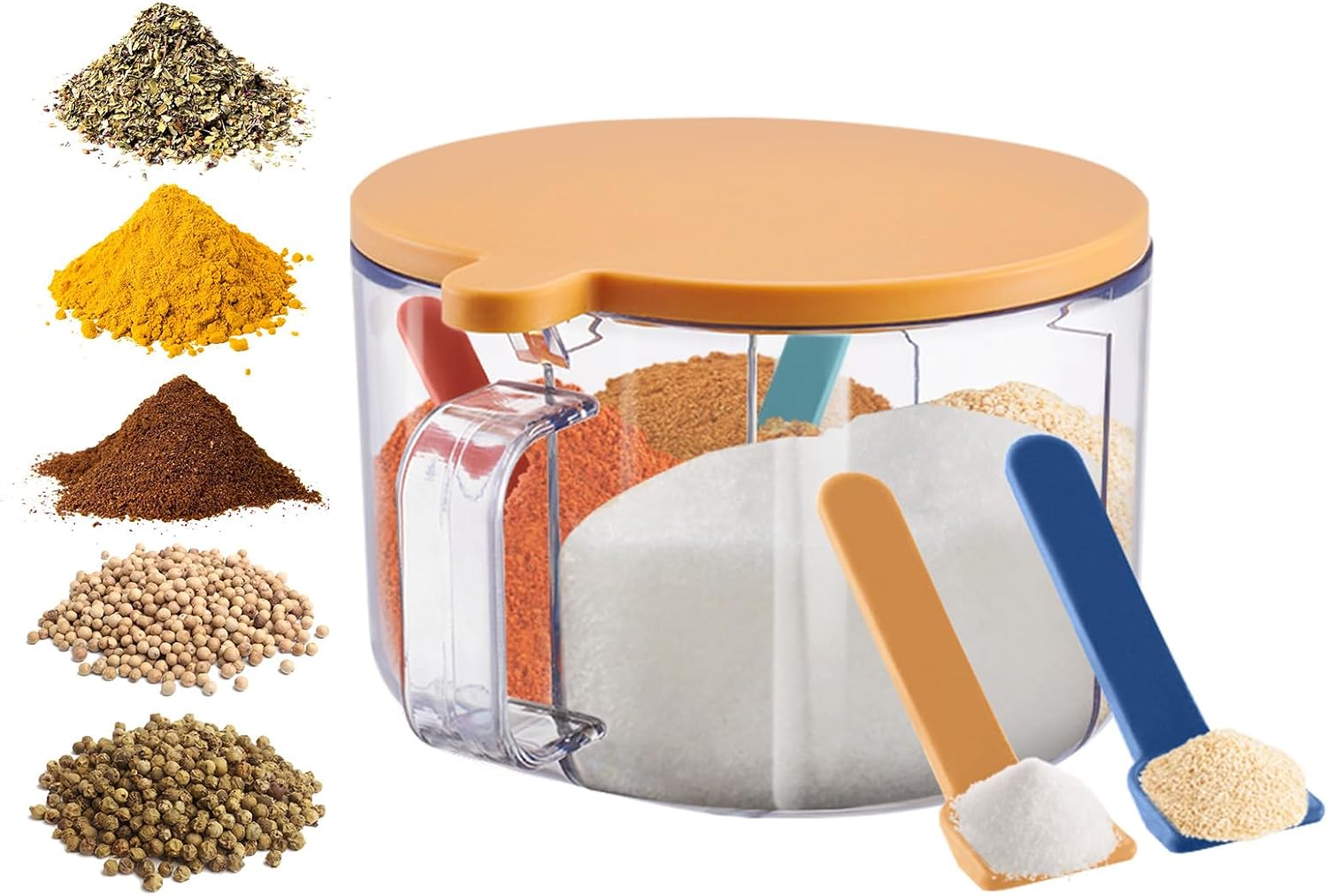 Upgrade Seasoning Box with Spoon, Transparent Seasoning Storage Container with Handle Lid Condiment Spice Pots for Salt Sugar Pepper (blue, 4 Compartments)