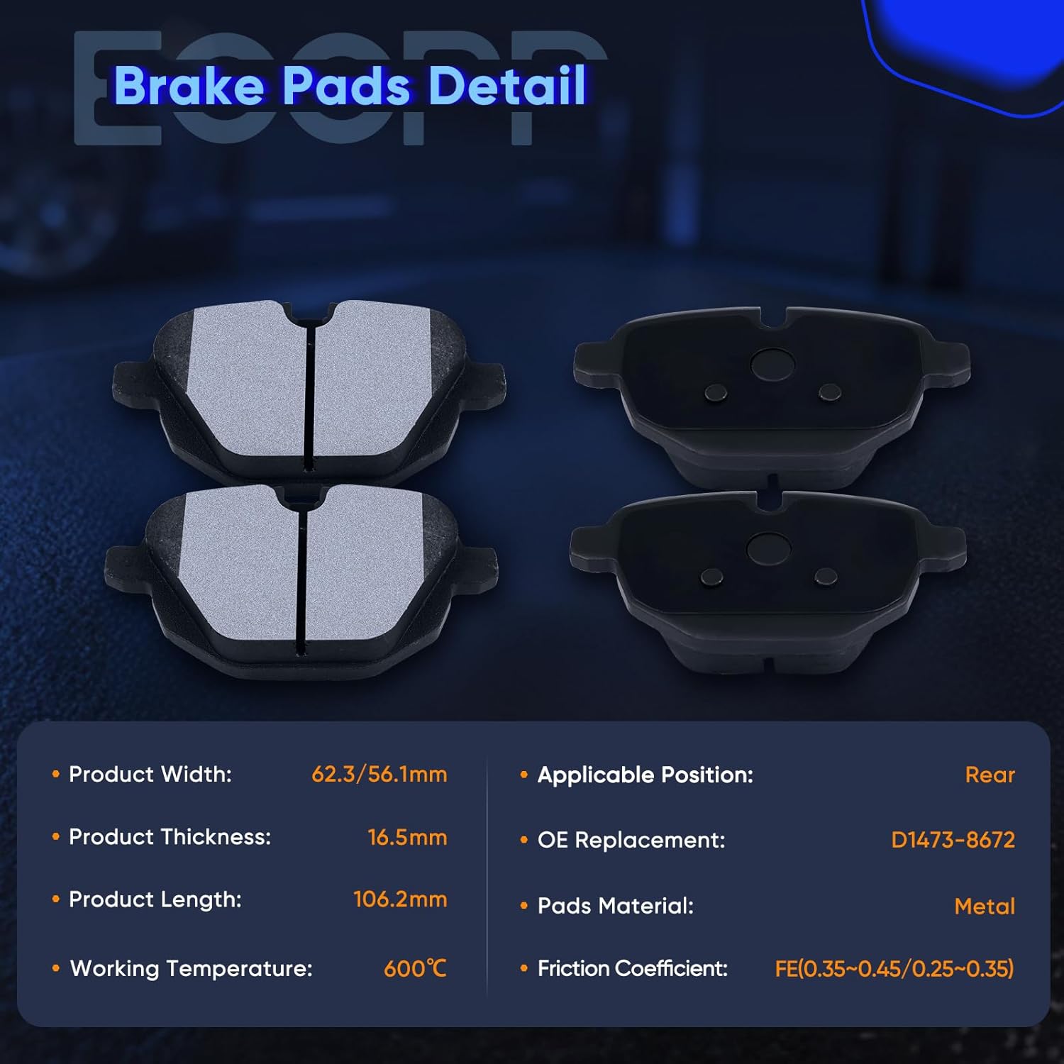 ECCPP 4 x Rear Brake Pads D1473 Fit For BMW 528i 2011-2016,For BMW 535d 2014-2016 Disc Brake Pad Set