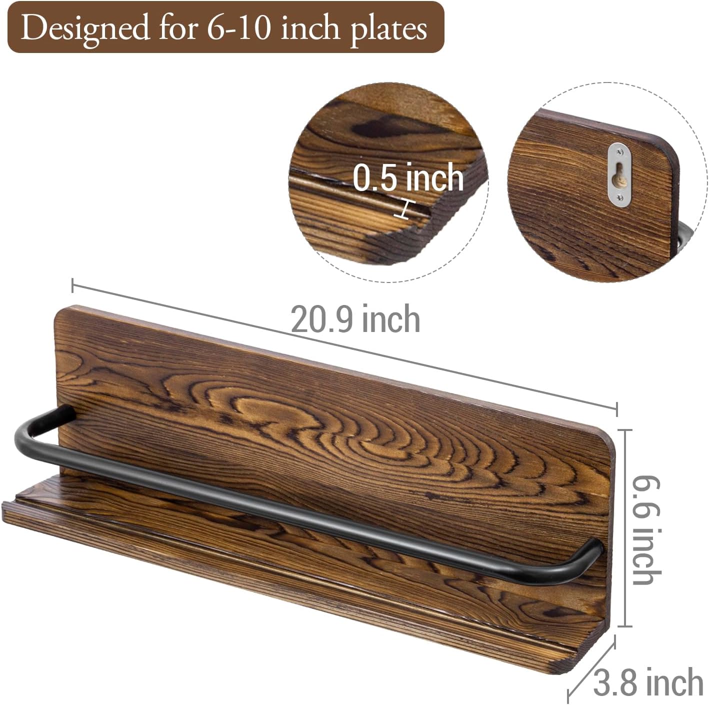 MyGift Set of 3 Wall Mounted Decorative Display Wooden Dual Plate Holders, Rustic Burnt Solid Wood Stand Shelf and Black Metal Rack Decor Hangers for 6 to 10 Inch Plates