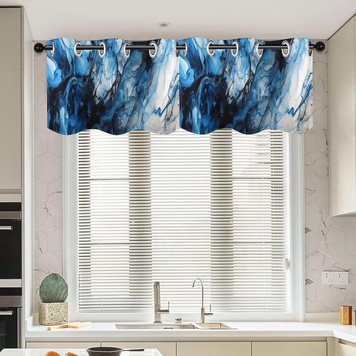 Blue and Black Valance for Windows, 2 Pack Kitchen Curtains Modern Home Decor, Soft Blackout Window Curtains for Living Room & Bedroom, 18 X 52 Inch