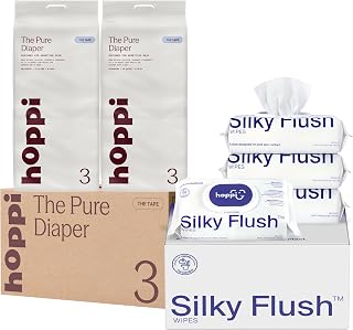 Hoppi Pure Baby Diapers + Flushable Wipes Bundle, Size 3, 88 + 224 Count | 14-Hour Leak Protection, TCF Hypoallergenic Comfort, 99% Water Wipes for Daycare, Travel and Gentle Sensitive Skin Care