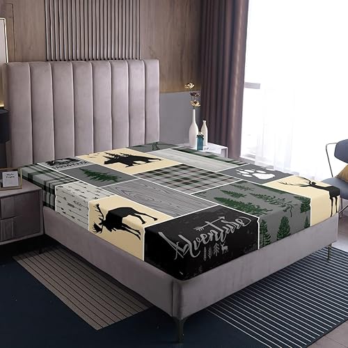 Miniatura 273 de Sábana bajera ajustable de oso de caza, juego de ropa de cama a cuadros de búfalo, sábanas de retazos de cabaña rústica para niños, niños, Multi