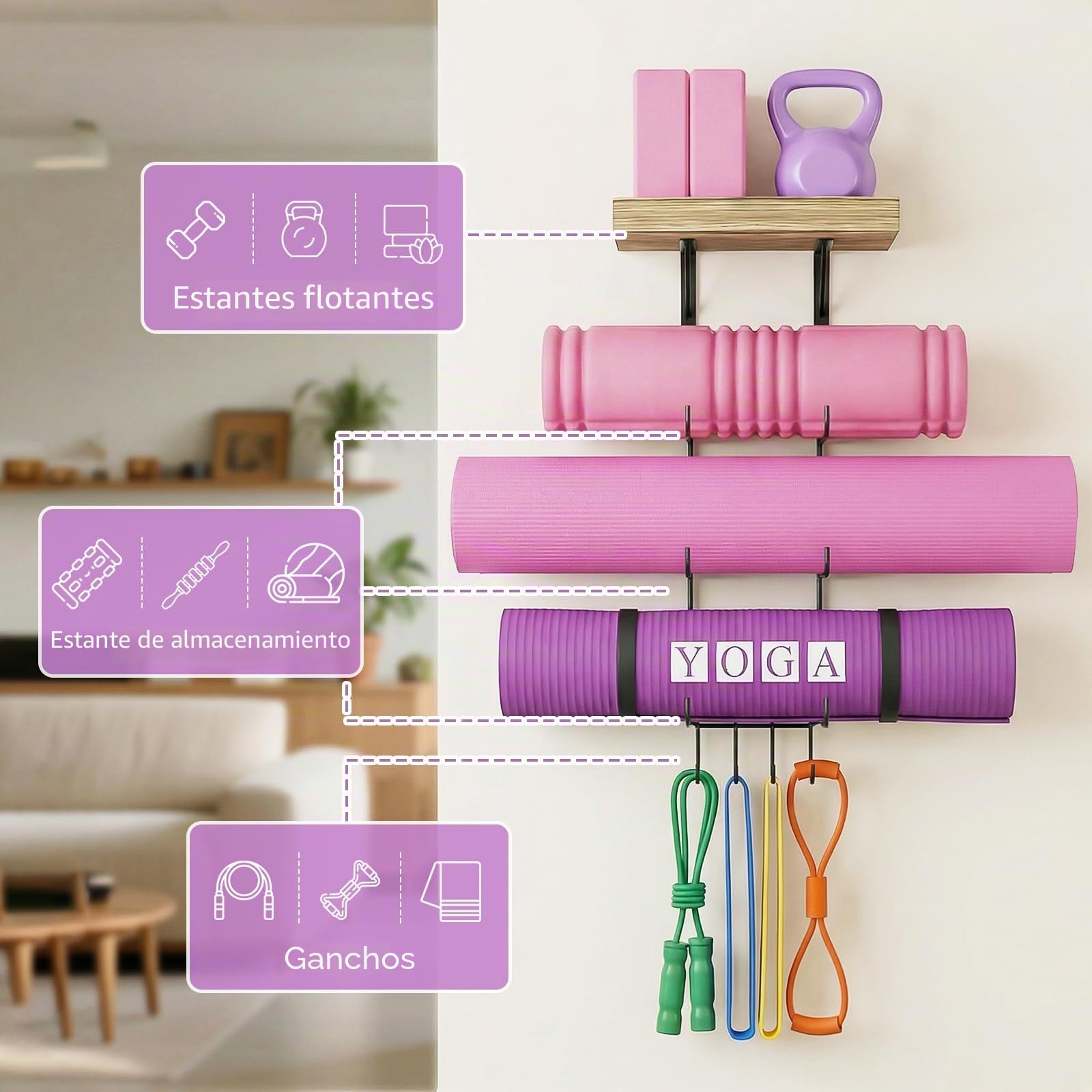 Soporte para esterilla de yoga, soporte de pared, accesorios de gimnasio en casa con estantes flotantes de madera y 4 ganchos para colgar rodillo de espuma y bandas de resistencia en clase de fitness