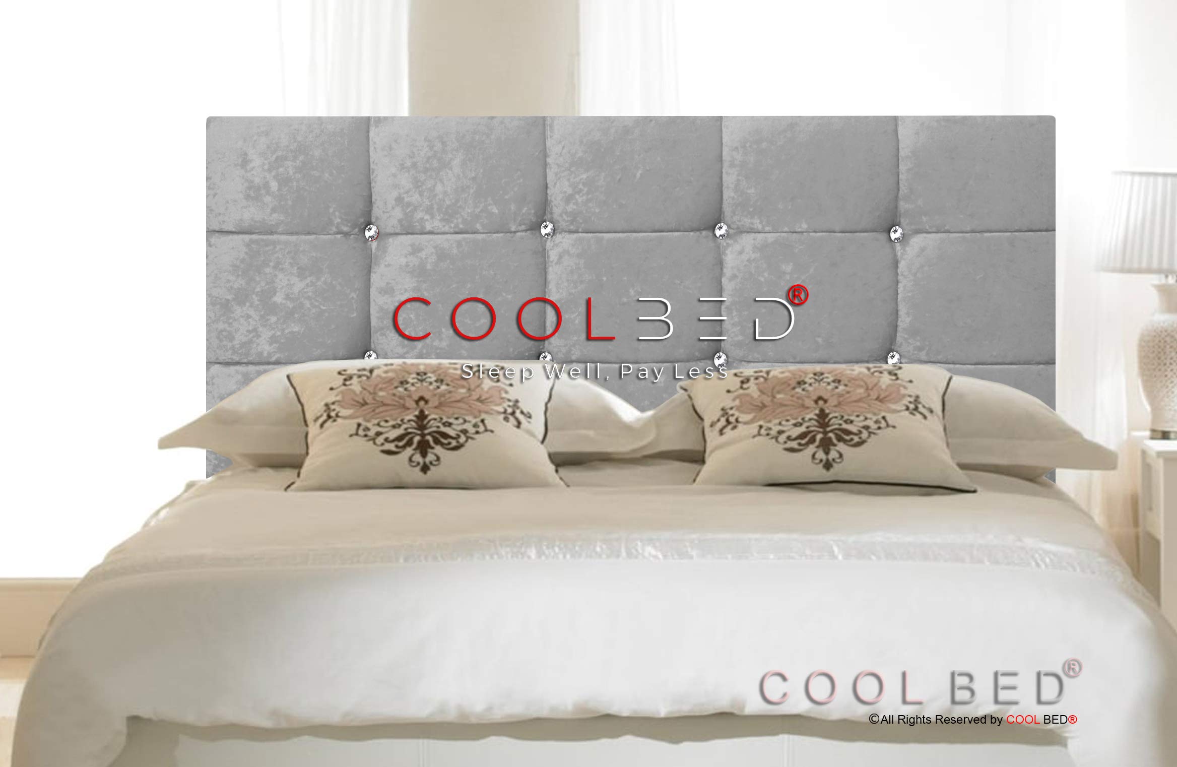 CRUSHED VELVET CHESTERFIELD CUBE HEADBOARD FOR DIVAN BED IN 20" AND 26" HEIGHT (20" - SILVER, SUPER KING (6FT))