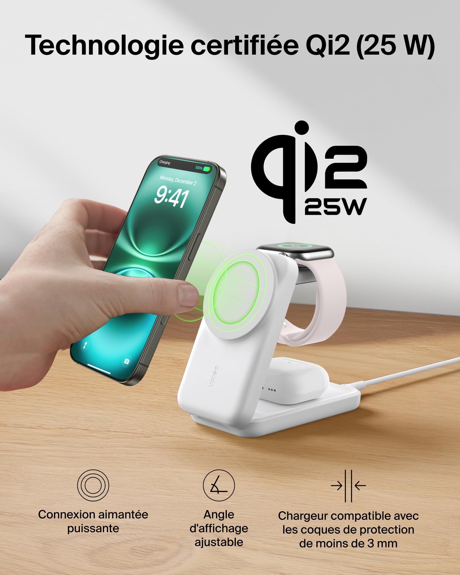 Belkin UltraCharge Chargeur Induction 3 en 1 Qi2, Station de Charge Magnétique 25W, Chargeur sans Fil avec MagSafe pour iPhone 17, iPhone Air, Apple Watch, AirPods, Pixelsnap avec Chargeur 45W, Blanc