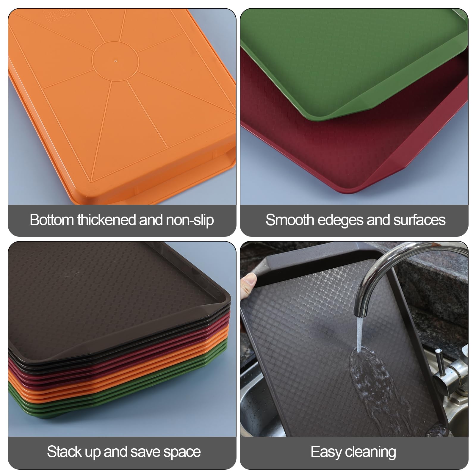 Plateau rectangulaire en plastique coloré, plateau de service rapide avec poignées, 12 pièces