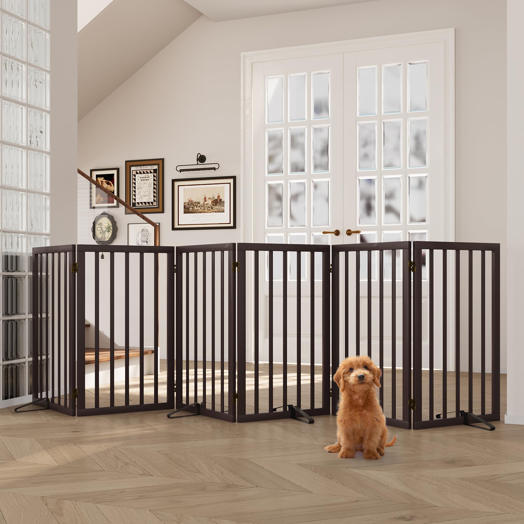 Semiocthome Bamboo Freestanding Dog Gates for Doorways, 2-Panel Indoor Puppy Gates for The House with 2 Metal Stands, 60cm(H) Folding Pet Gate for Stairs Expands Up to 94cm(W) Walnut — view 40