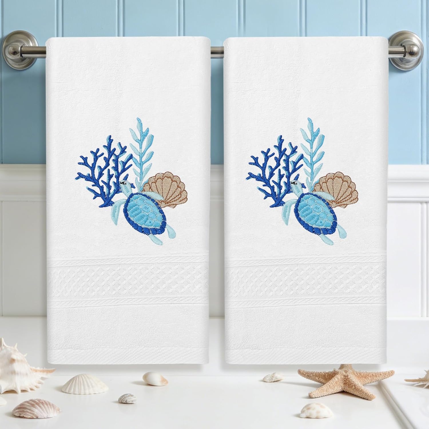 FYSUIMU 2Pcs Coastal Hand Towels for Bathroom Sea Turtle Seashell Cotton Towel 13.7 x 29.5 Inch Summer Ocean Beach Embroidered Soft Absorbent Bath Towel for Home Kitchen Bathroom Drying Cleaning
