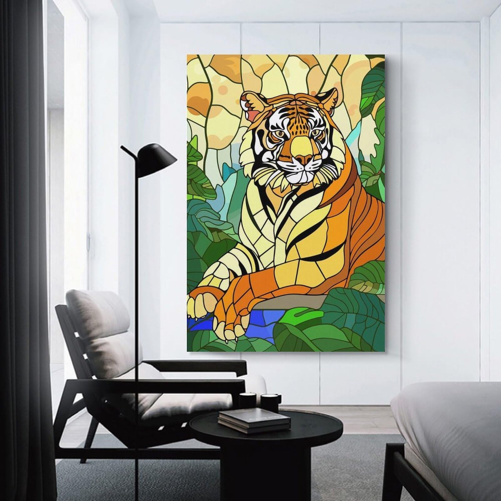 Junmoney Stained Glass Tiger in Jungle Wall Picture Print 16x24inch(40x60cm), for Lounge Decor, Offices Or Entryway Styling, Versatile Wall Decor for Many Rooms