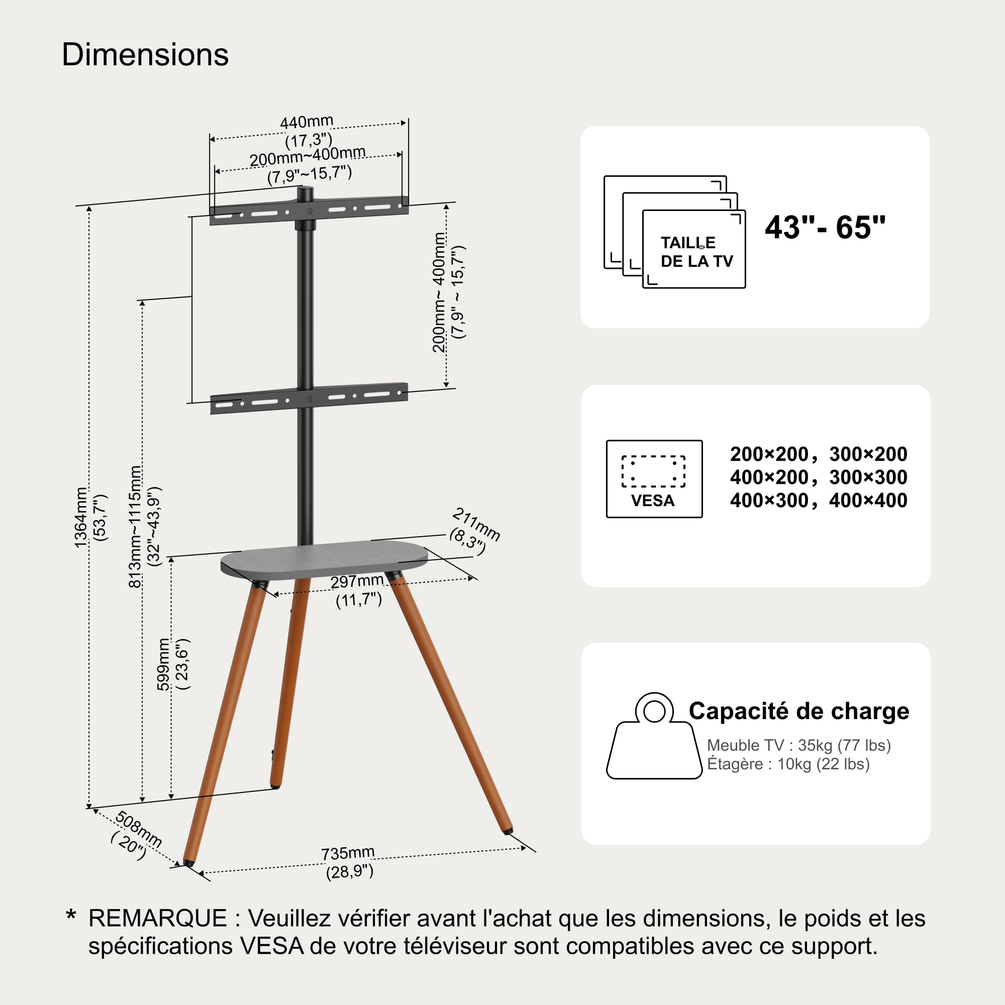Chevalet TV pour écran LCD LED OLED de 43 à 65 pouces jusqu'à 35 kg