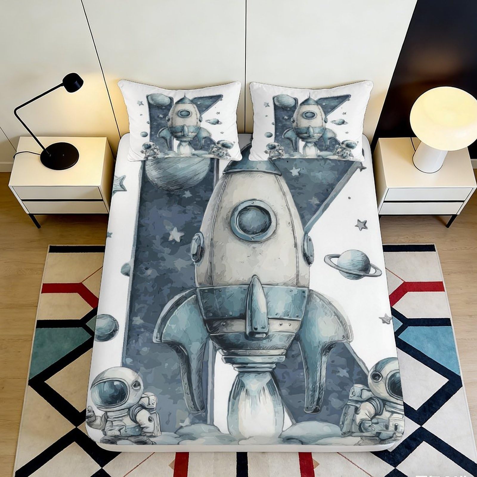 3D Printed Rocket Astronaut Fitted Sheet Microfiber Cartoon Space Planet Mattress Cover for Kids Bedroom Guest Room Decor 90x200x25cm