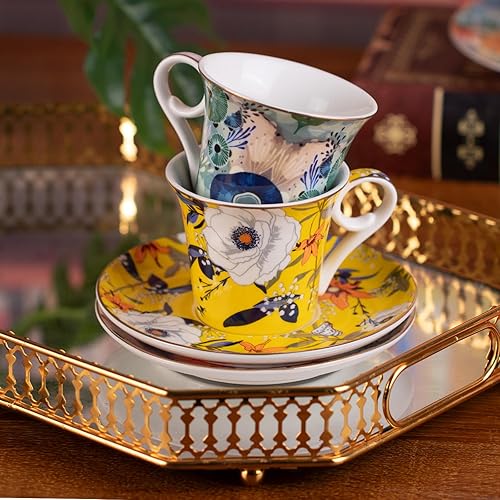 Miniatura 4 de KAMMAK Juego de 2 tazas de té y platillos, tazas de café de porcelana reforzada, tazas de café apilables de 5.7 onzas, demitasse de cerámica para