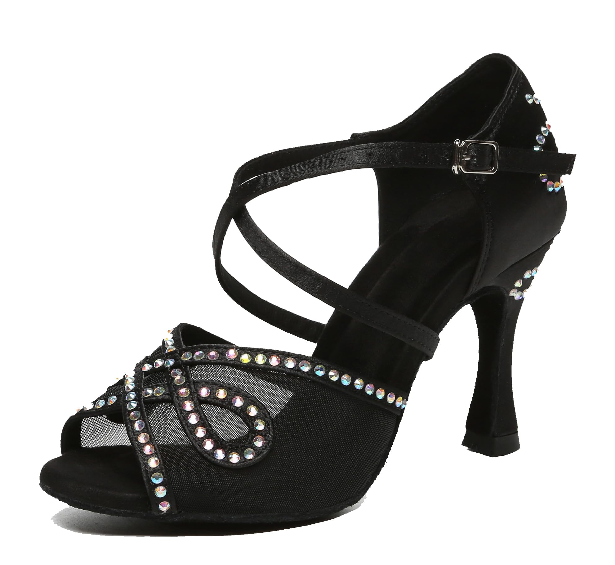 Minishion Latin Salsa Dance Shoes for Women Rhinestones Pattern Wedding Evening Sandals L624 Black 9cm Heel US 9.5