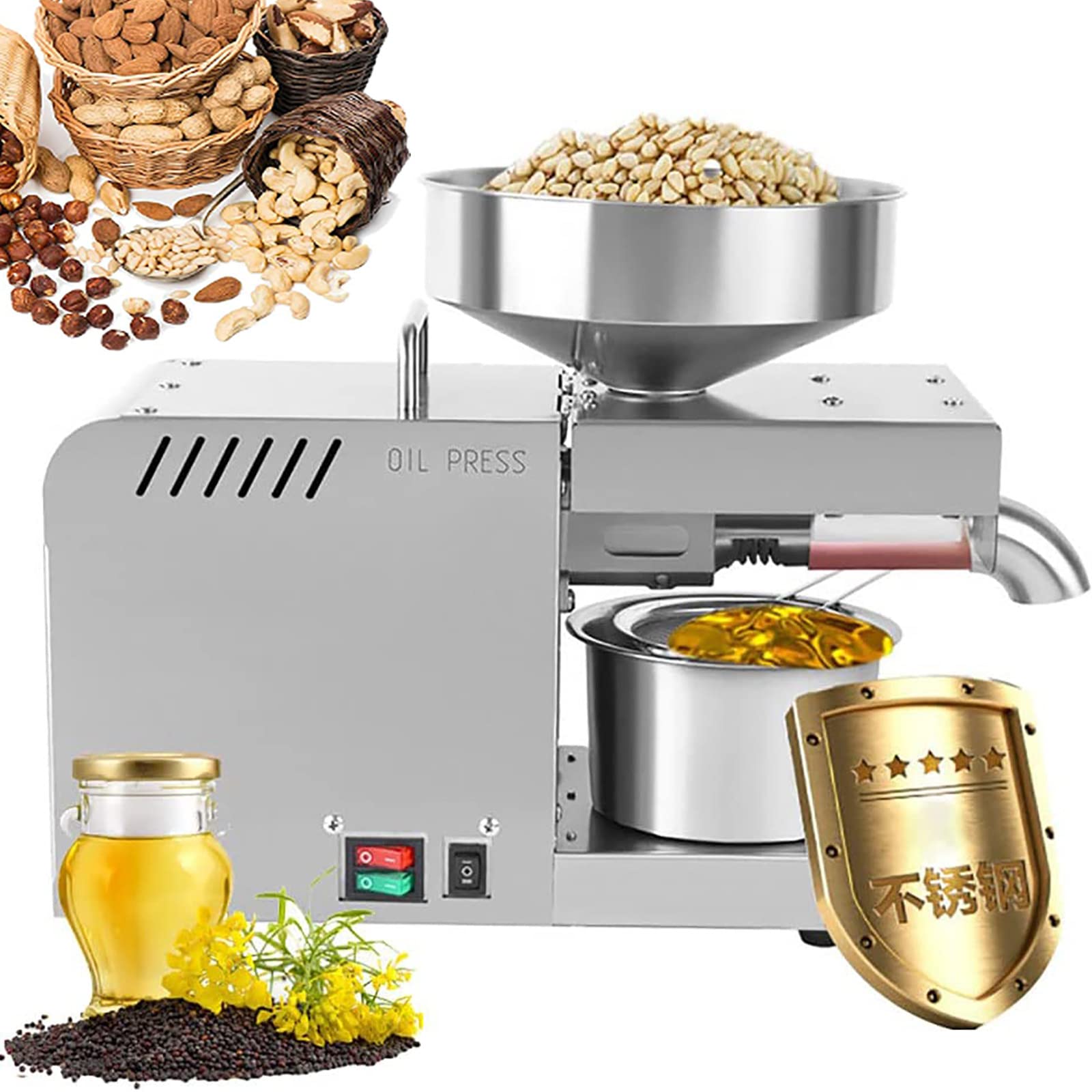 MYUYEE Household Stainless Steel Oil Press, Automatic Oil Press Machine, Cold Hot Press, Silent, Easy To Operate/Easy To Clean, 24H Continuous Work