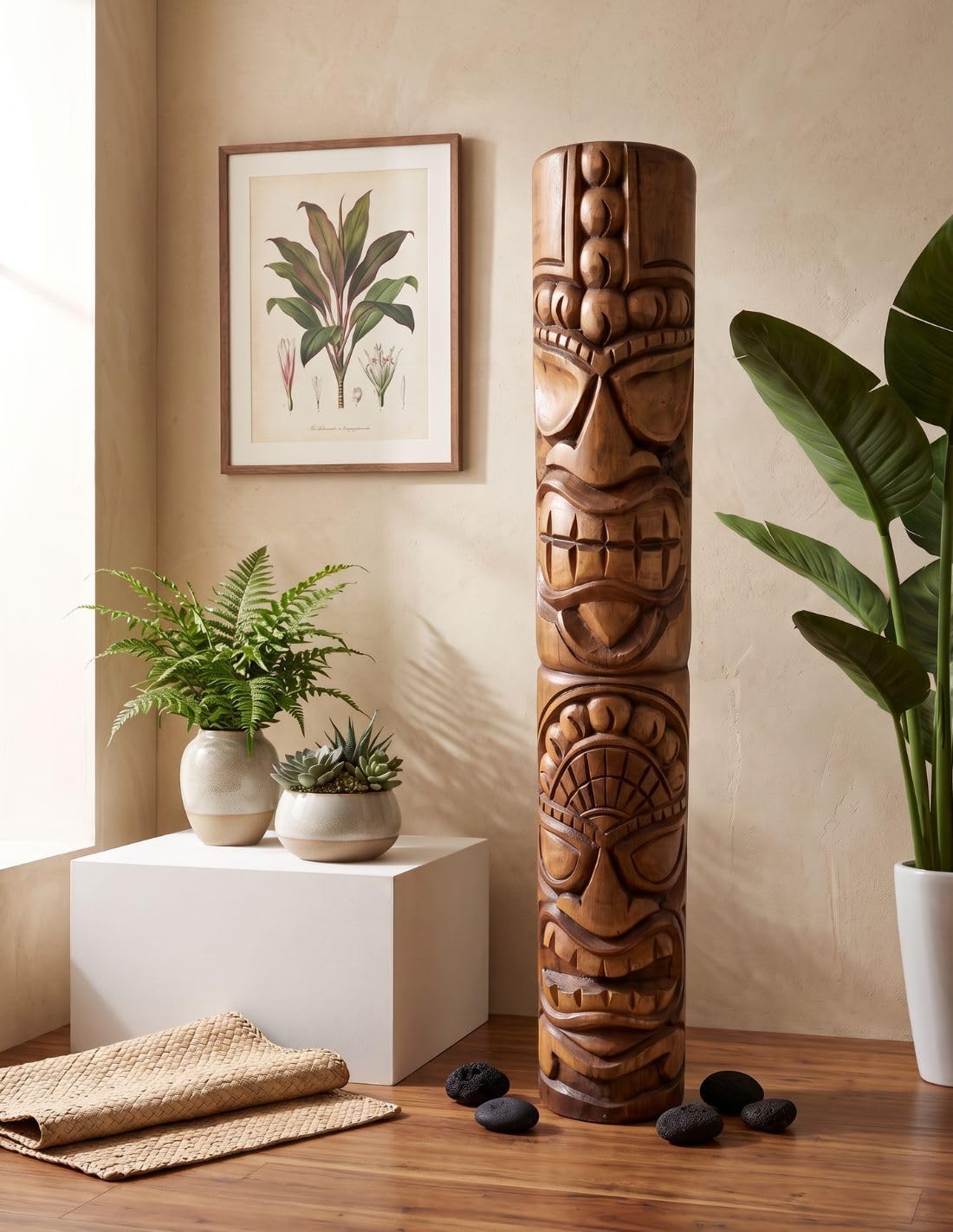 Artisanal Totem Tiki XXL 100 cm en madera maciza tallado. Decoración Hawai.