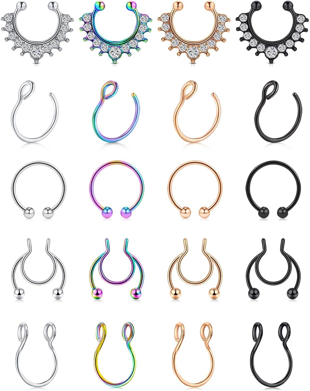 WillTen8Pcs Fake Nose Ring Septum Piercing with 2 Sheets Nose Stud Stick on Face Piercing, Fake Nose Stud Stickers Clip on Nose Ring Eyebrow Lip Ring Silver Gold Black