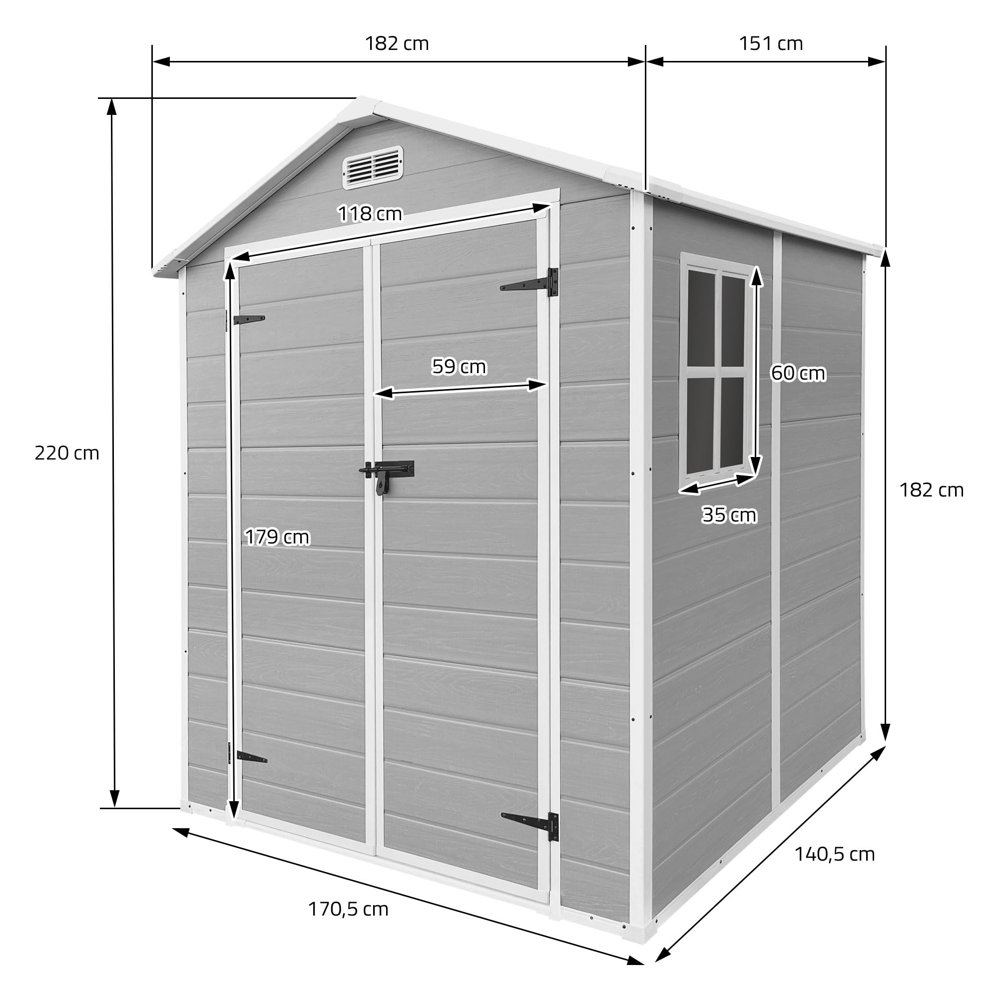 ECD Germany Abri de Jardin avec Plancher en Résine PP 5m³ Gris Clair, Toit Double Pente, Fenêtre, Porte Double, Ventilation, Cabane de Rangement Extérieur 151x182x220 cm, Résistant Aux Intempéries