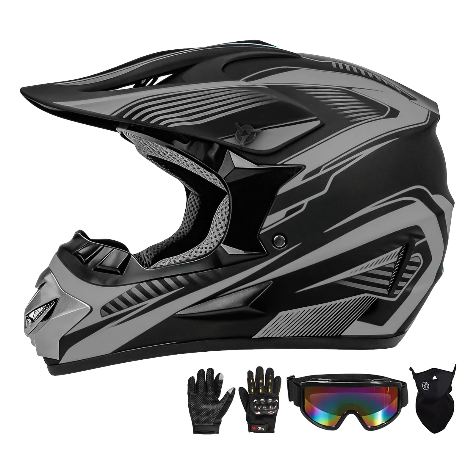 Photo 1 of Motocross Helmet,Youth & Adult ATV Dirt Bike Motorcycle, Kids BMX 4-Wheeler Off-Road Mountain Bike Helmet,DOT Certified,W/Gloves Goggles Mask 4-Piece Set (Gray, Small)