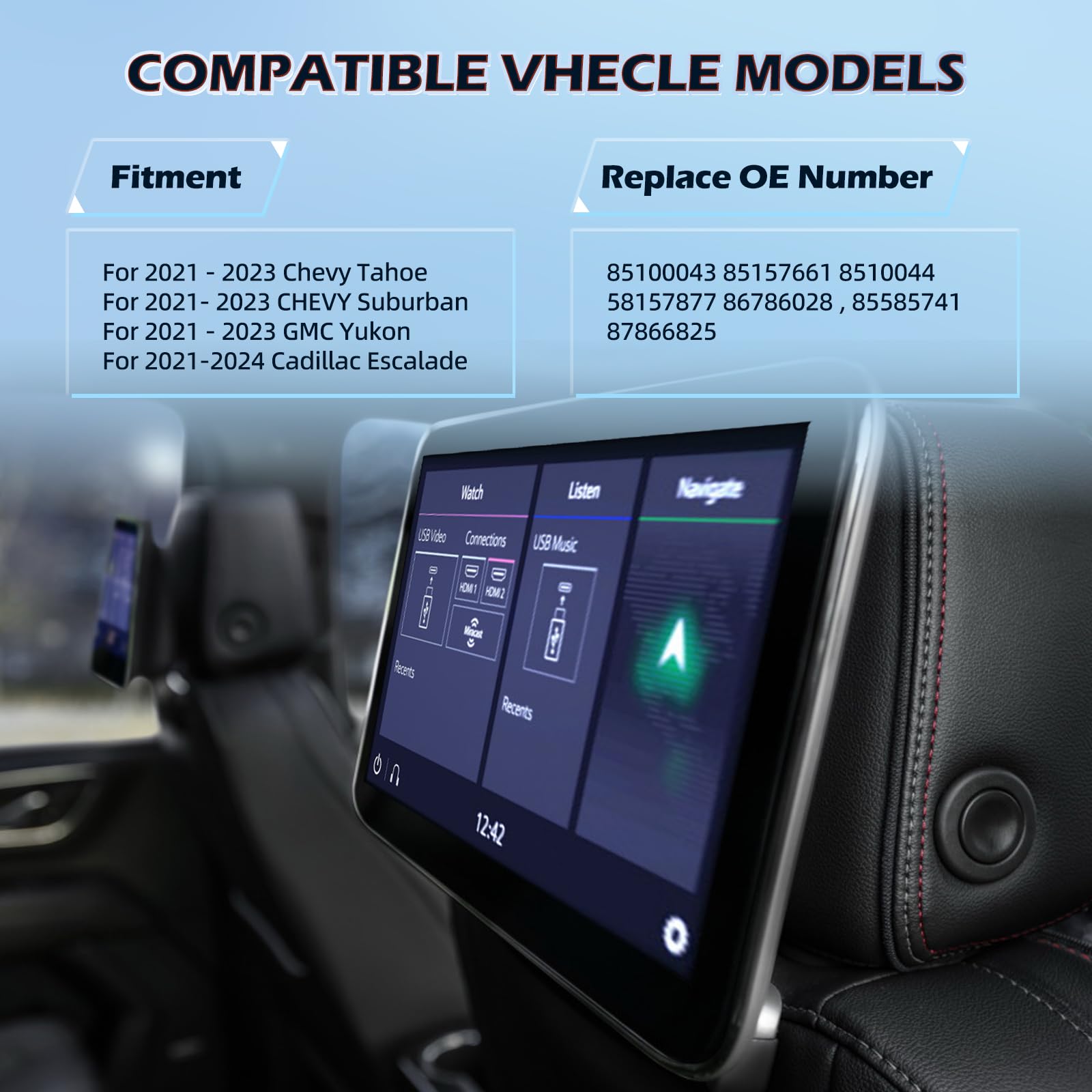 85100043 - Sistema de entretenimiento trasero con pantalla LCD de 12.6 pulgadas, compatible con Chevy Tahoe/Suburban, GMC Yukon, Cadillac Escalade 2021-2023, repuesto para reposacabezas de asiento