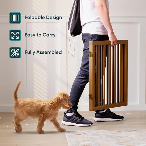 Freestanding Pet Gate with 2 Stands, Bamboo Dog Gates for Doorways, Dog Gates for The House, Puppy Gate for Stairs, Foldable Indoor Gate Safety Fence, 60cm Height-2 Panels Fully Assembled-Walnut - 4