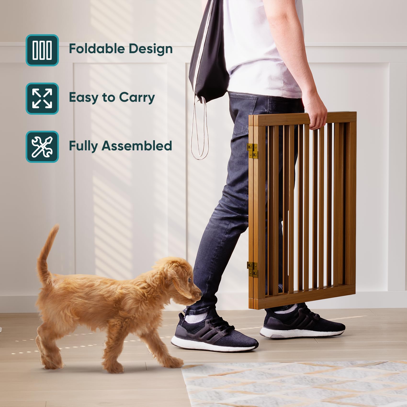 Semiocthome Puerta para perros de interior de 2 paneles independientes para cachorros para la casa con 2 soportes de metal, puerta plegable de madera para mascotas de 24 pulgadas de alto, puerta de
