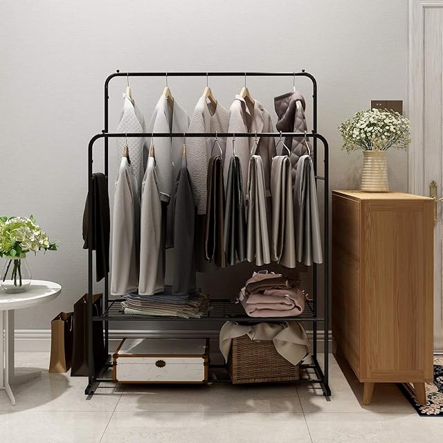 HOMERECOMMEND Industrial Double-Rail Clothes Rack Heavy-duty Clothes Rack Metal Clothes Rail Garment Hanging Rack with 2 Bottom Shelf Hanging Rack Closet Organizer for Bedroom Black Sanded