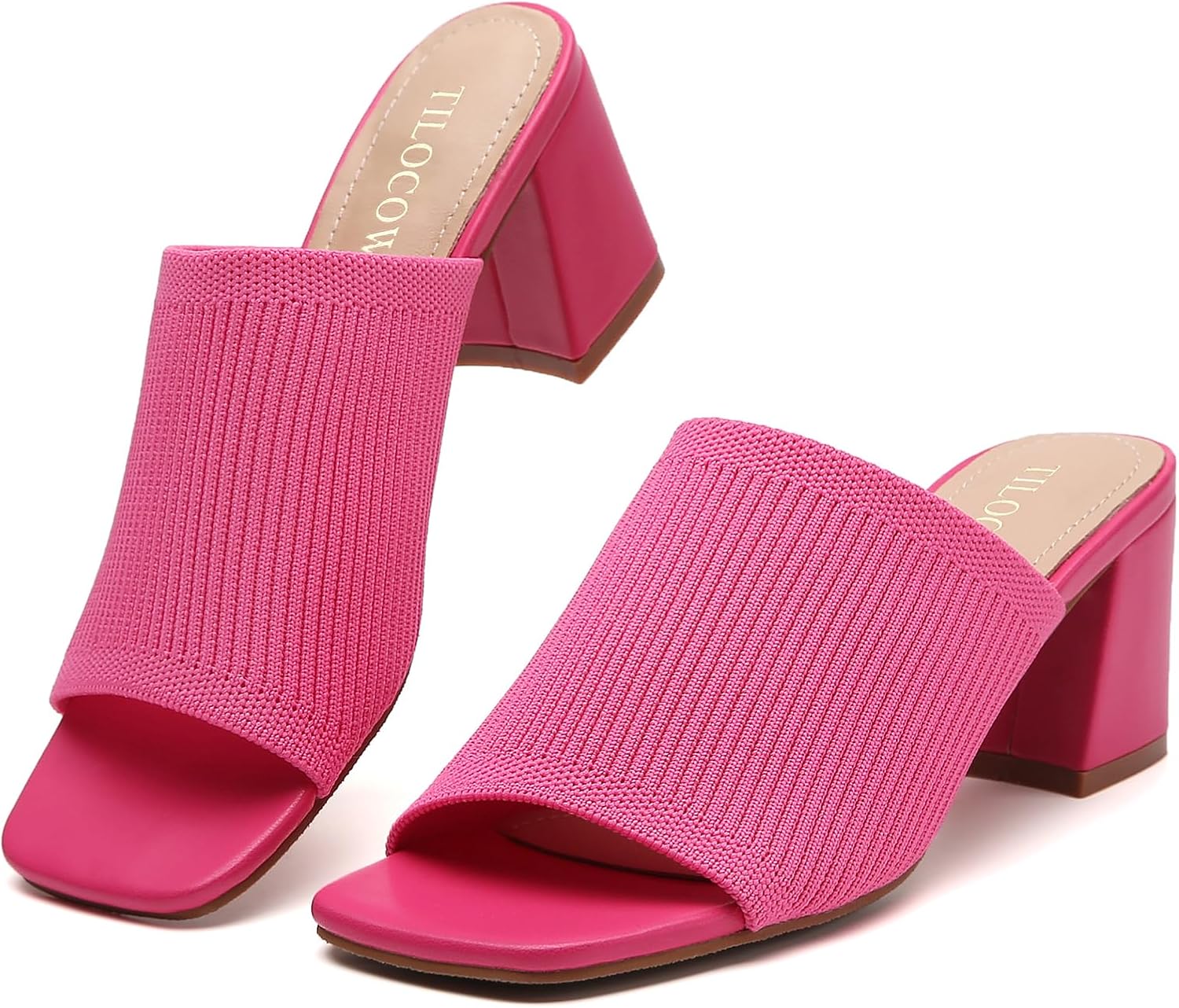 Tilocow Knit Heeled Sandals for Women, Square Open Toe Heels Sandals, Chunky Block Low Heel Slip On Mules - Image 3