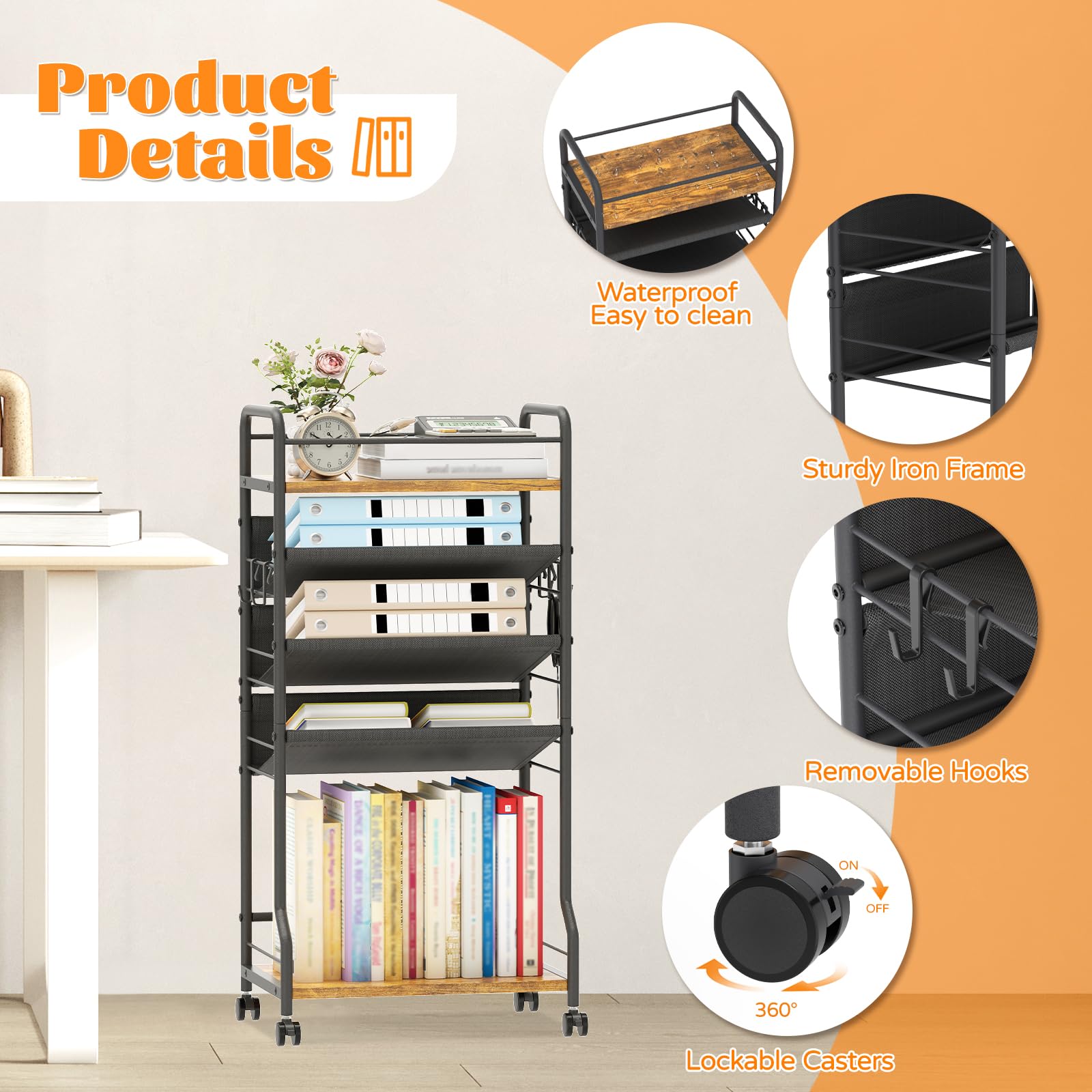 Rollbarer Aktenwagen mit 5 Ebenen, mobiler Bücherwagen mit Rollen, Metall, Holz, bewegliches Bücherregal, Tischregal, Büro, Papieraufbewahrung, Organizer für Zuhause, Schule, Lehrer,