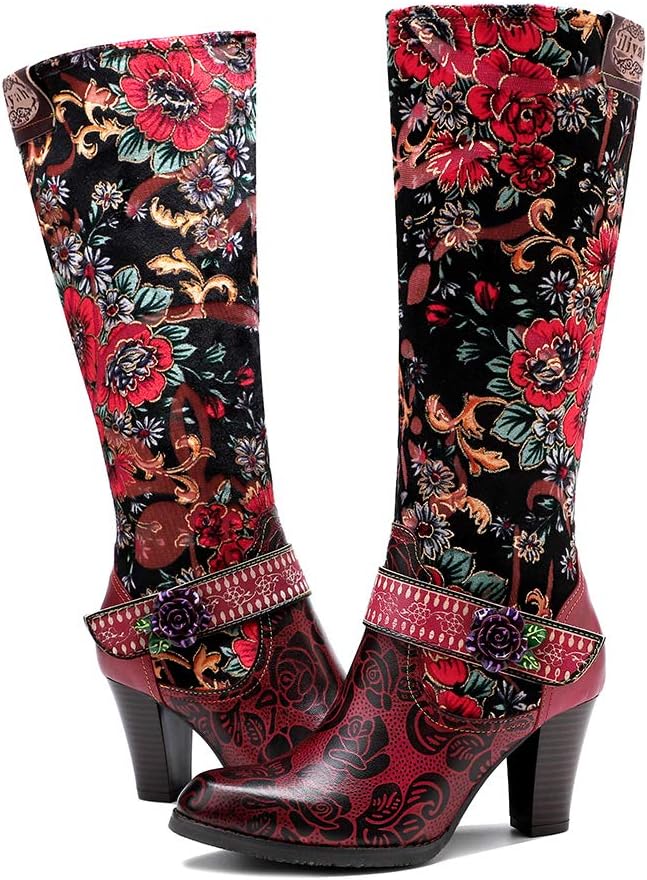 CrazycatZ Womens Leather Bohemian Knee High Boots Splicing Floral Block Heel Patterned Long Boots