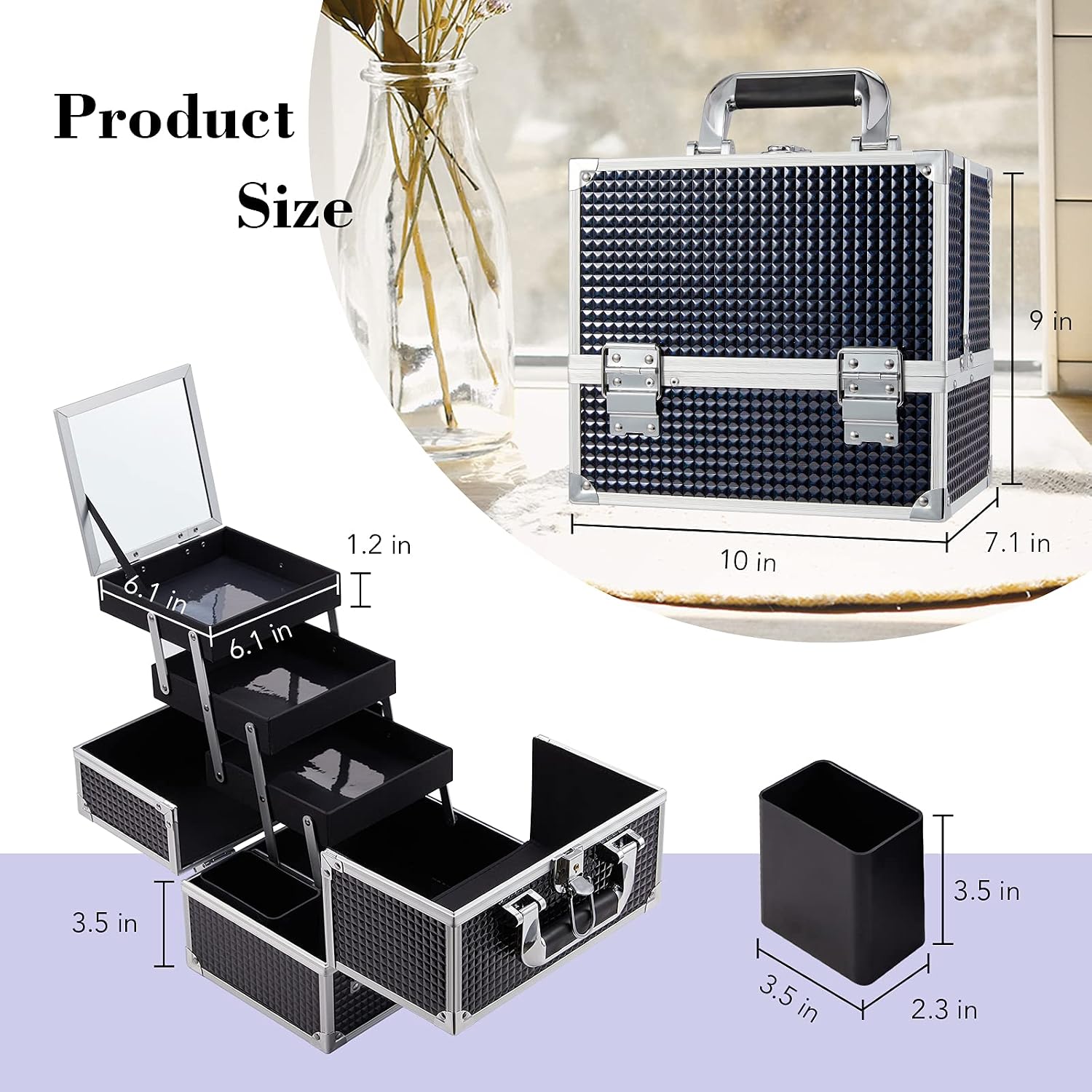 Costravio Portable Makeup Train Case, Classic Shiny Black Makeup Box with Mirror & Brush Holder, Lockable Cosmetic Organizer Case with 3-Tier Trays for Travel Home, Easy to Clean