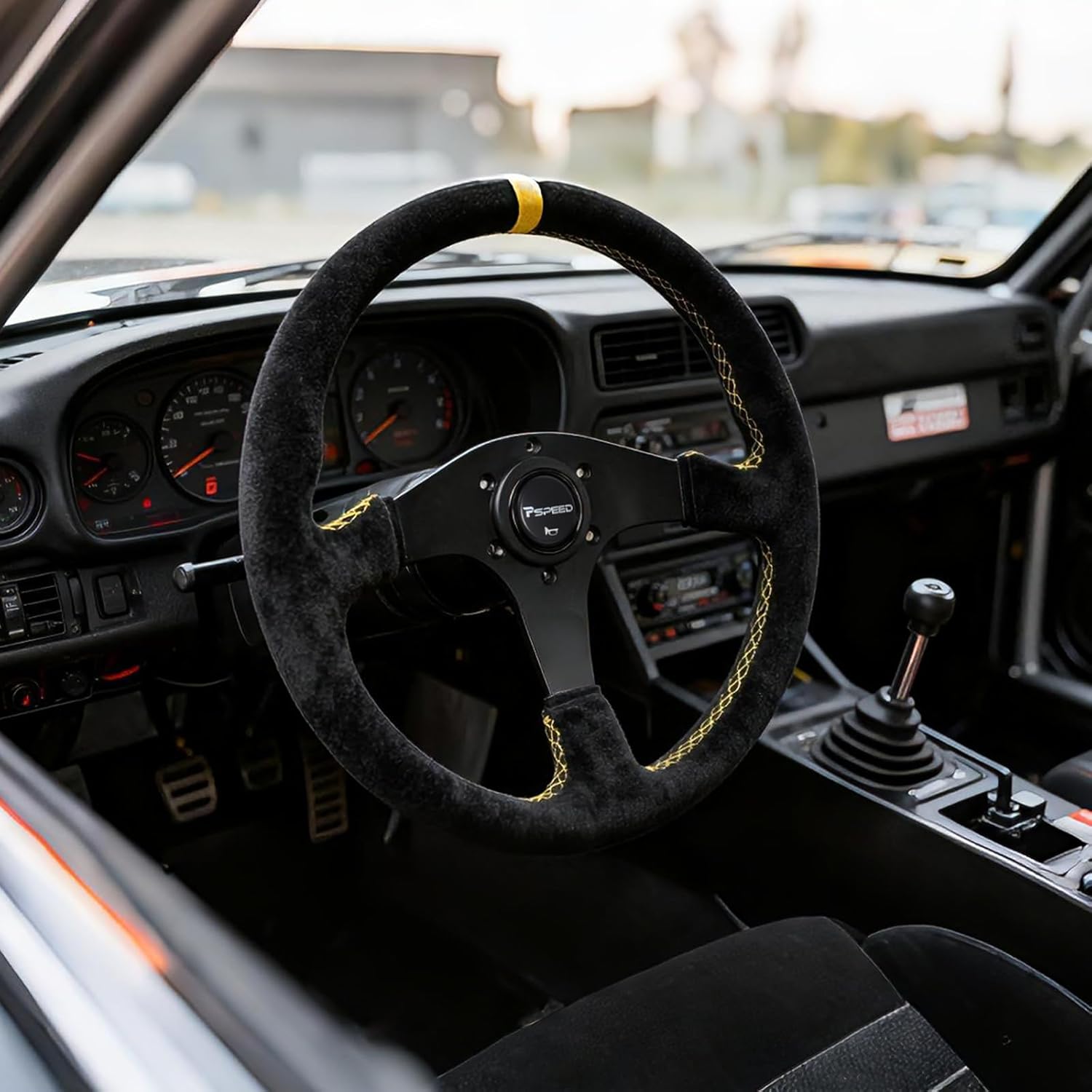 14”350mm Universal Racing Steering Wheel,Genuine leather suede 6 Bolts 3 Spoke for Race/Rally/Motorsport/Car Sim Driving-With yellow positioning line with Horn Button