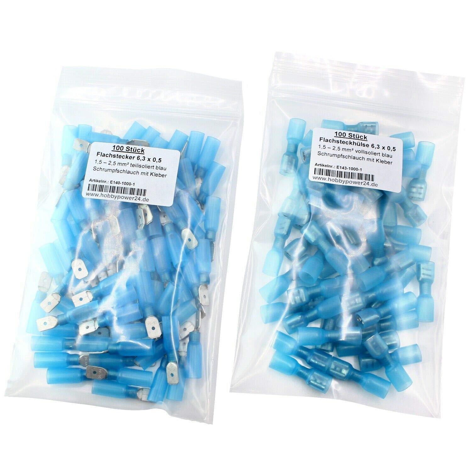 Cosses de câble thermorétractables bleues 6,3 mm mâles et femelles | Lot de 200