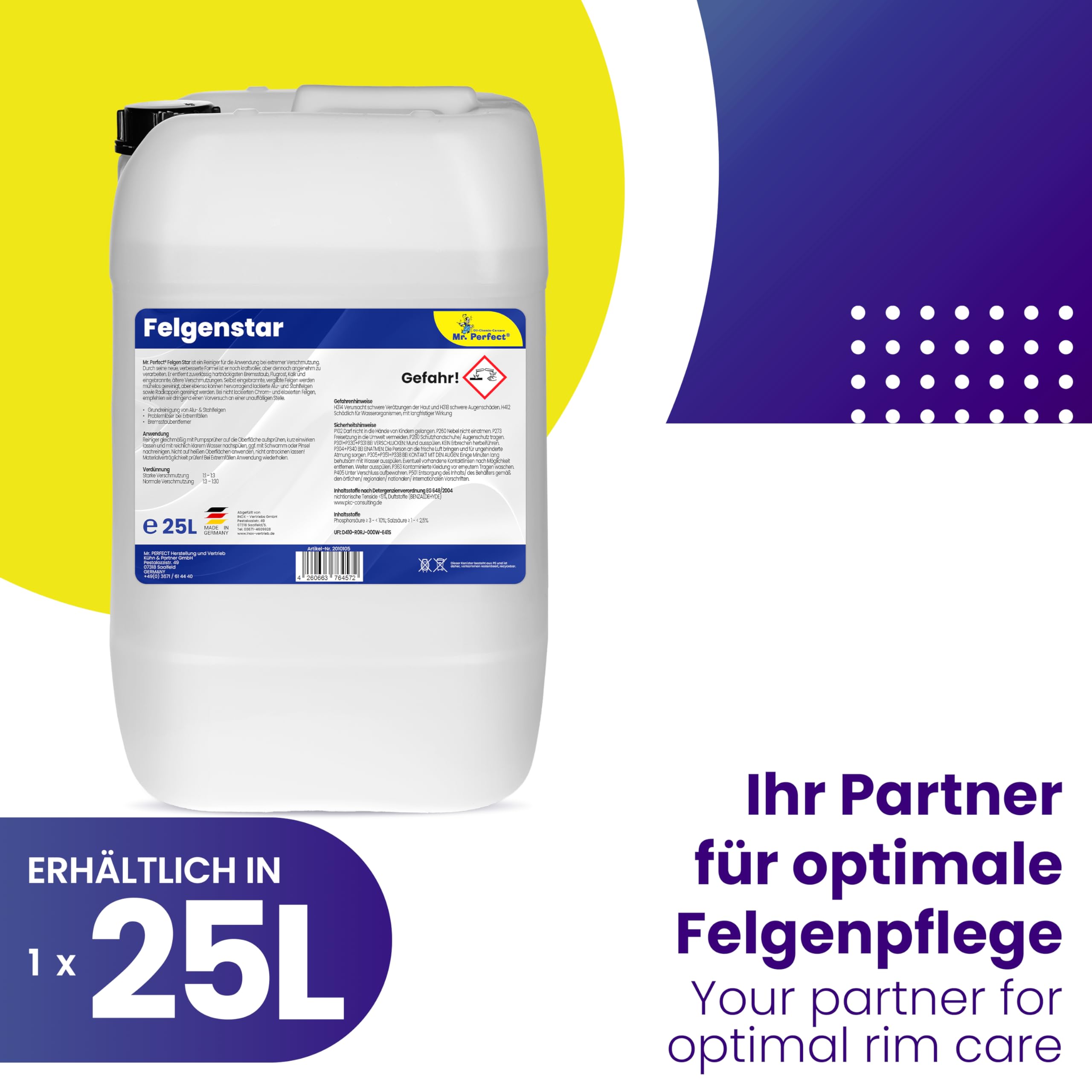 Mr. Perfect Felgenreiniger für Alufelgen & Stahlfelgen 25L | Saurer Felgen Reiniger entfernt hartnäckige Verschmutzungen, Bremsstaub & Flugrost | Felgenpflege für Auto & Motorrad | Made in Germany