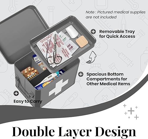 Miniatura 5 de Flexzion Caja de medicamentos, caja de farmacia doméstica, 13.0 x 8.3 x 7.5 in, caja de almacenamiento de medicamentos de metal para emergencia,