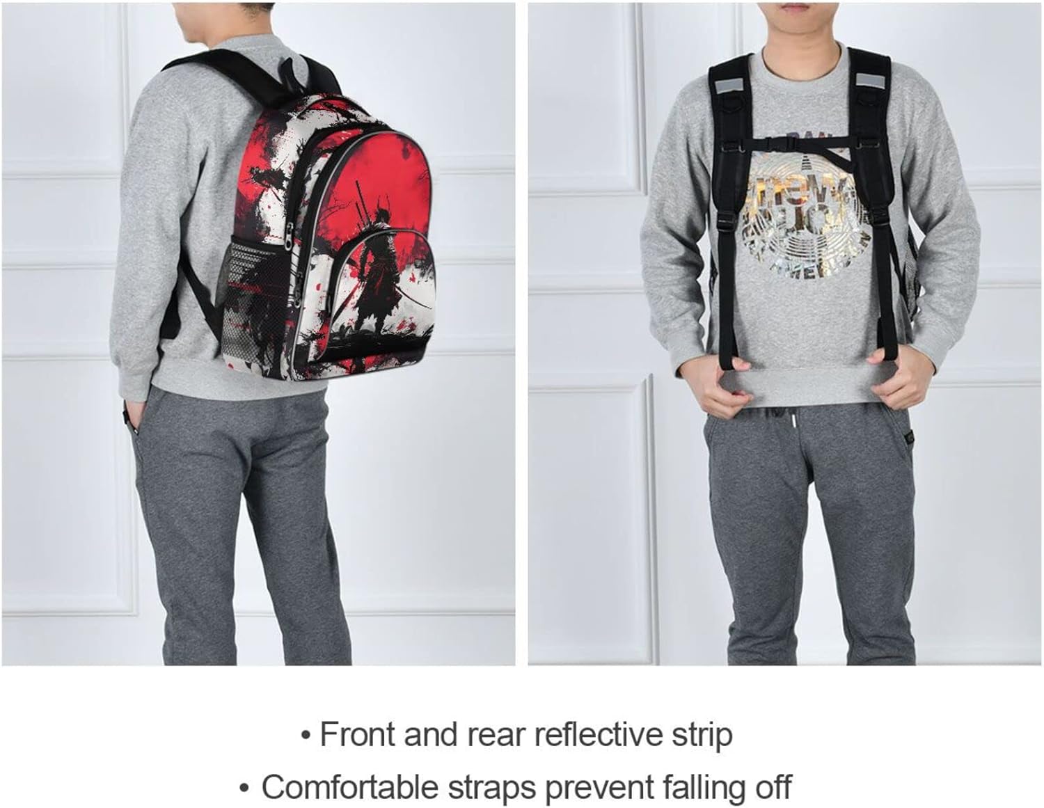 Kids Backpack (Japanese Samurai Art) Student Backpack with Laptop Compartment Reflective Strip for 6+ years Boys Grils 12.6×6.7×17.7 inches