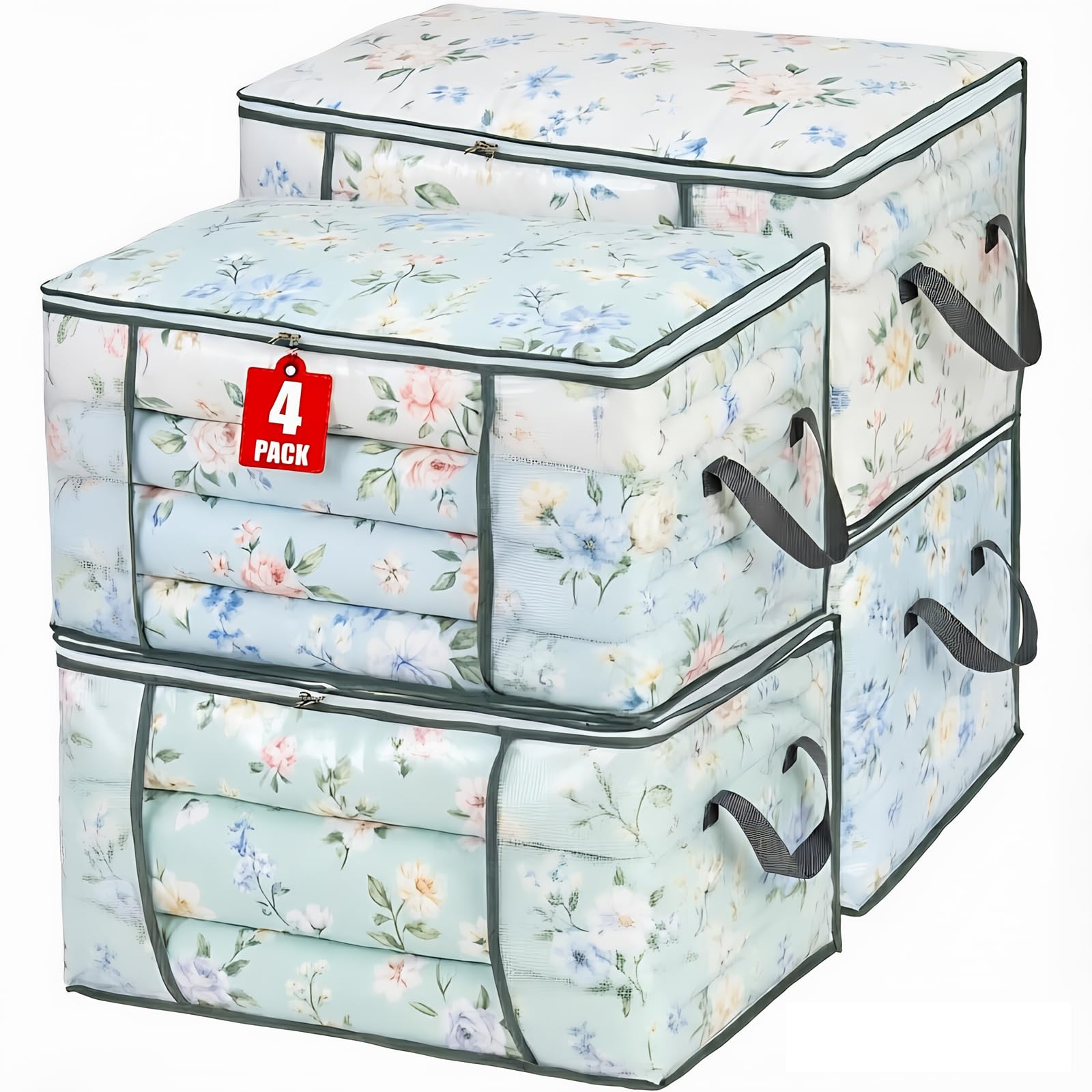 4個セット 80L 大容量 収納袋 透明 衣類収納 布団ケース ベッド下収納 押入れ収納 羽毛布団 毛布 枕 収納バッグ 取っ手付き ファスナー付き 折りたたみ式 洗濯可能 (長 60cm × 幅 37cm × 高 35cm)