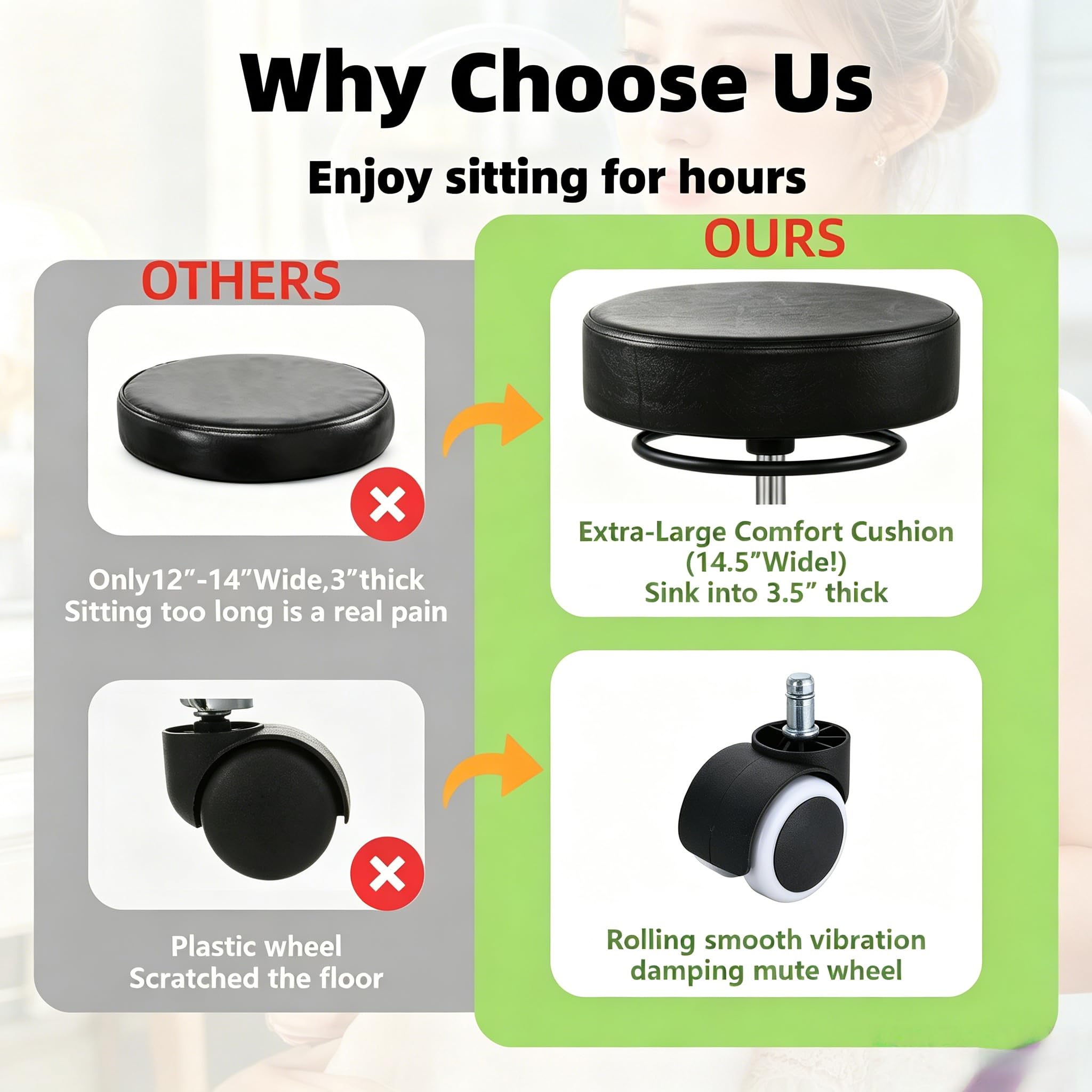 Heavy Duty Rolling Stool with Wheels, Hydraulic Swivel Salon Chair