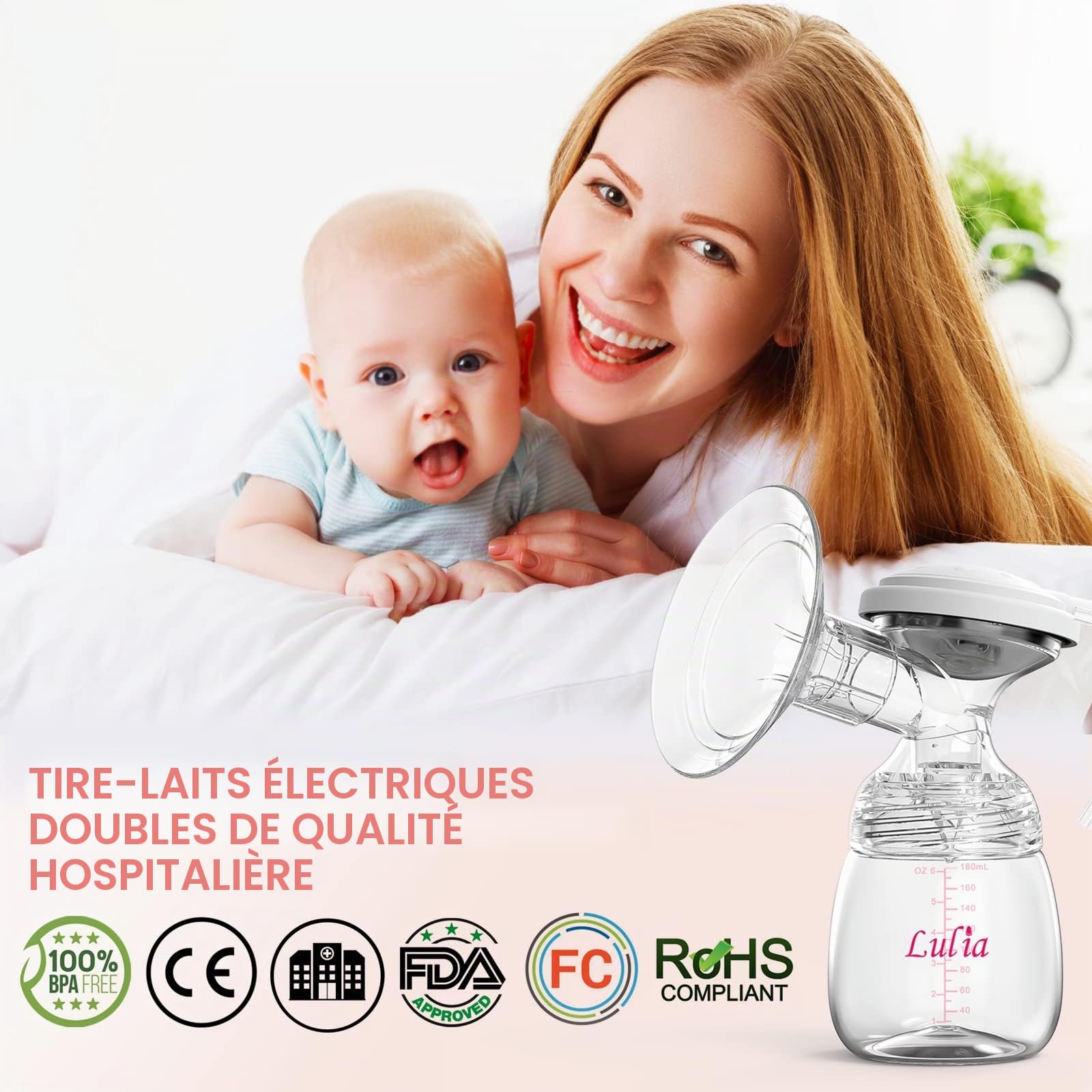 Lulia Tire lait electrique main libre, Double tire-lait electrique avec 4 Modes 9 Niveaux d'aspiration sans BPA, Type-C Rechargeable, ultra-silencieux et anti-refoulement bon, adapté aux voyages