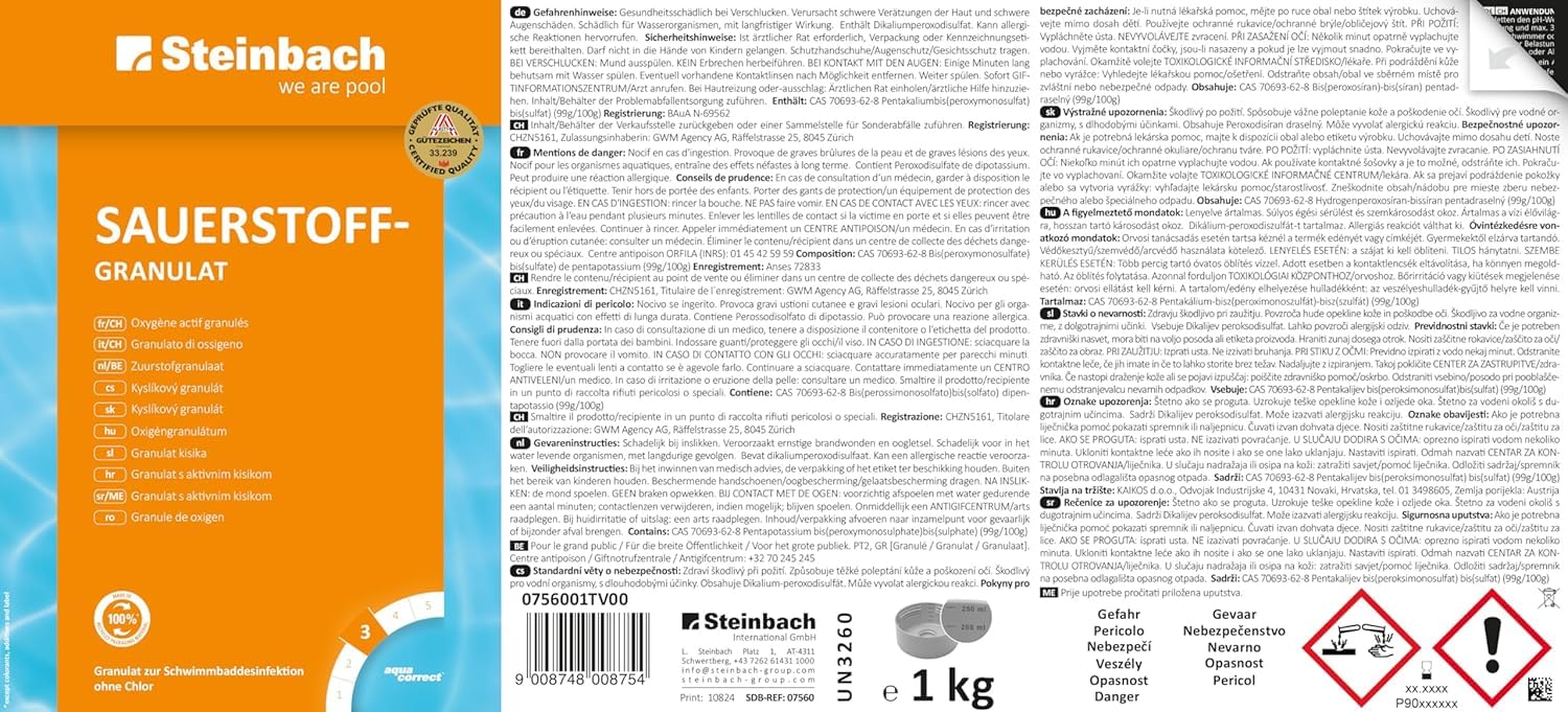 Steinbach Poolpflege Sauerstoffgranulat - 0756001TV04-4 kg - Pooldesinfektion ohne Chlor - Aktivsauerstoff zur Wasserpflege - Schnelle Desinfektion & Oxidation - Für Erstdosierung & Dauerdosierung