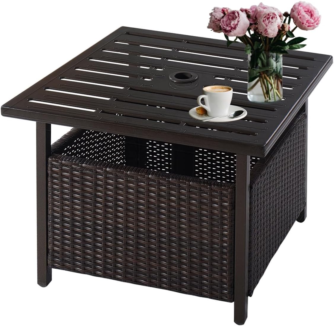 Nightcore Rattan Umbrella Side Table, Bistro Wicker Table with Storage Slot, Patio Umbrella Side Table Stand with 1.57" Umbrella Hole, Outdoor Leisure Coffee Table for Garden, Poolside, Deck