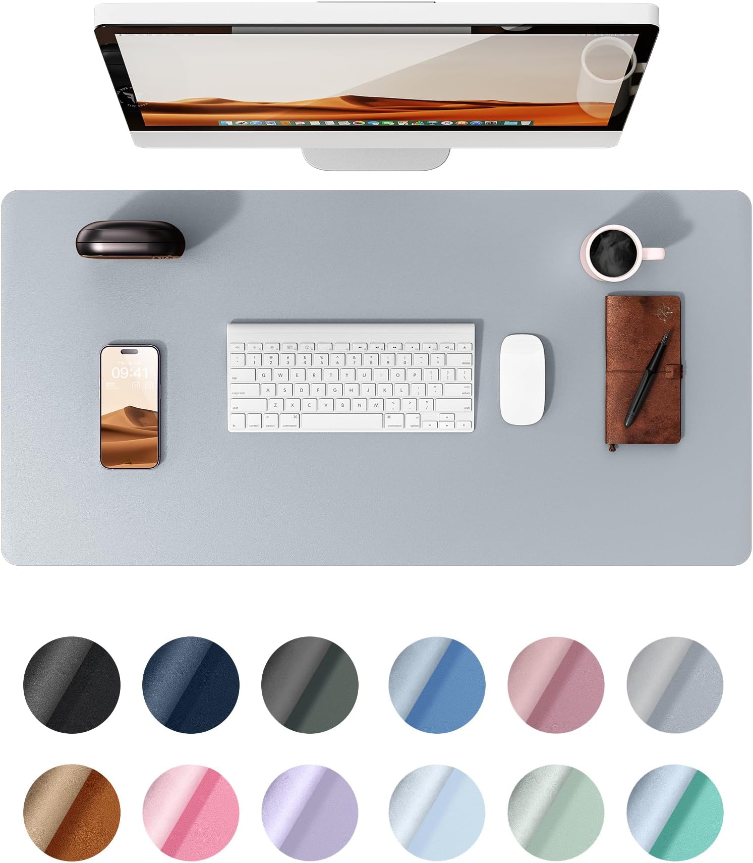 YSAGi Leather Desk Pad Protector, Office Desk Mat, Large Mouse Pad, Non-Slip PU Leather Desk Blotter, Laptop Desk Pad, Waterproof Desk Writing Pad for Office and Home (Light Grey, 23.6" x 13.8")