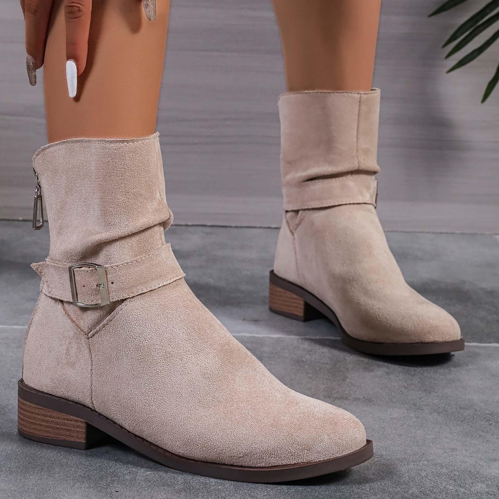 Stivali corti da donna eleganti con tacco corto, in pelle scamosciata, stivaletti da donna Chelsea, comodi stivali western con fibbie, stivali da equitazione retrò a punta