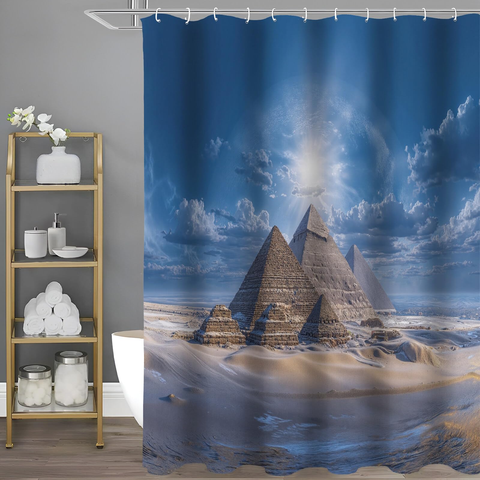 Rideau douche tissus lavable au motif moderne de pyramide solaire