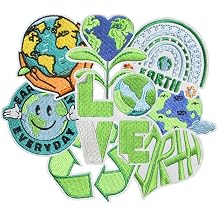 8PCS Green Love Earth Iron on Patches, Cartoon Save Earth Slogan Embroidered Repair Patches for Clothes, Custom Applique for Hats, Jeans, Jackets, Bags, Backpacks, Dress, Shoes