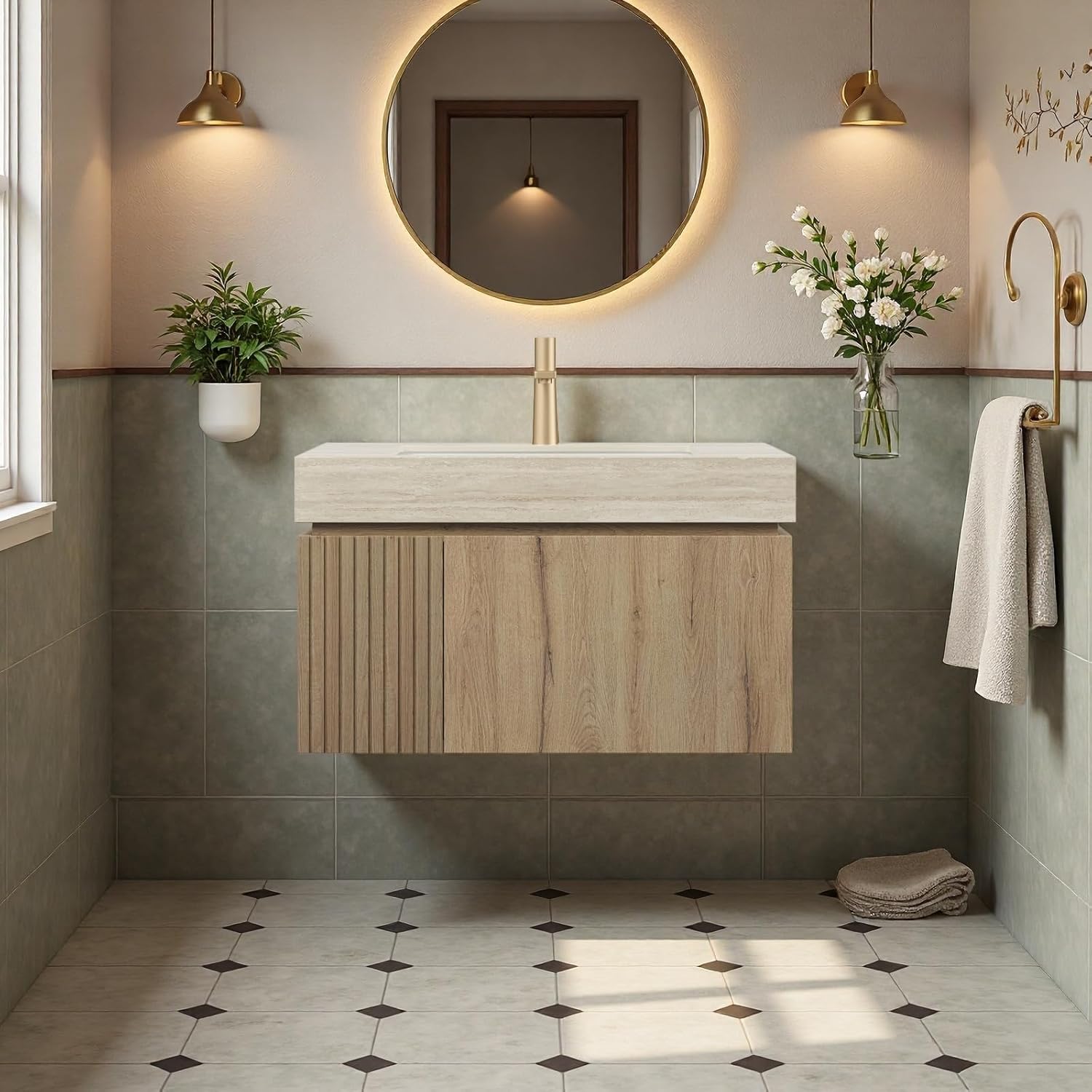 30" Bathroom Vanity with Sink, Wall-Mounted Plywood Bathroom Storage Cabinet with Ceramic Basin & Sintered Stone Countertop, Modern Pre-Assembled Floating Vanity with Drawer & Door, Oak