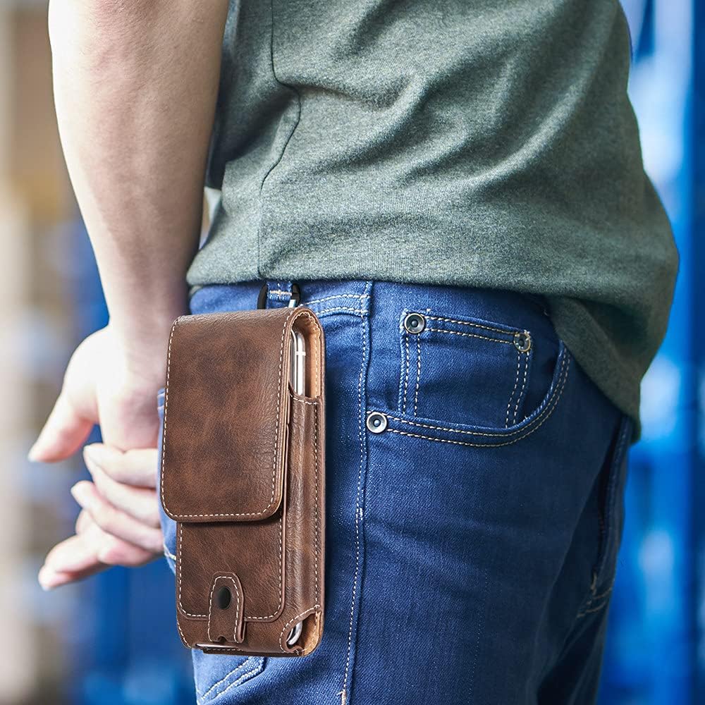 Pouch Leather Phone Case for iPhone Xs 11 Pro Max 6 7 8 Plus Waist Bag Magnetic Belt Clip Holster Cover for Redmi Note,Dark Brown,6.3 inch