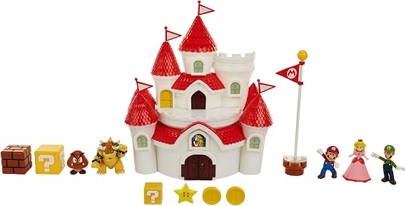 Super Mario Nintendo Deluxe Mushroom Kingdom Castle, Wall Display & Playset with (5) 2.5 Articulated Action Figures (Exclusive Bowser Figure, Princess Peach, Mario, Luigi & Goomba)